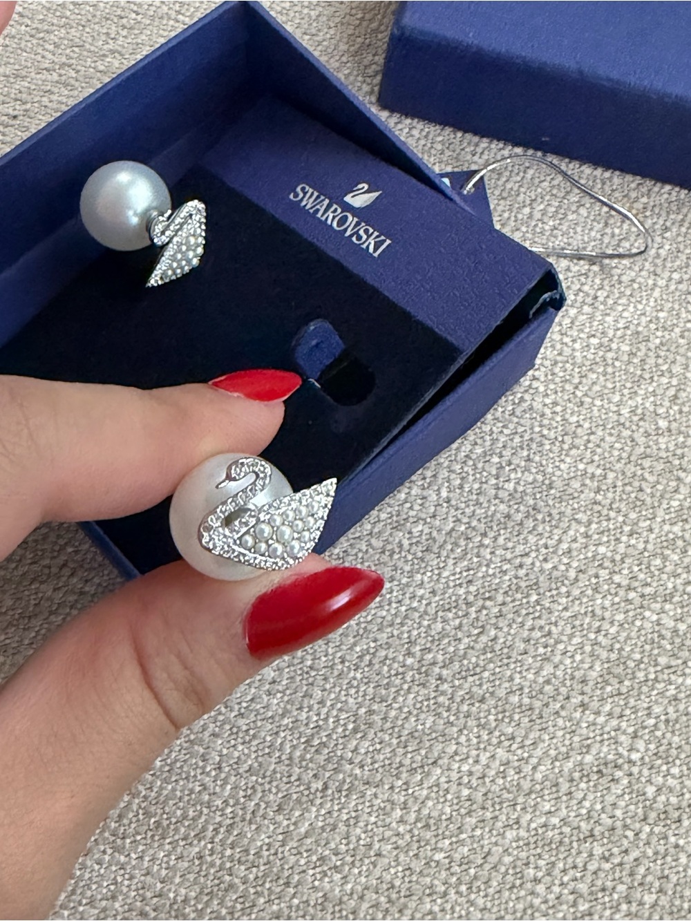 Swarovski Pearl and Crystal Swan Earrings in White and Silver - Picture 3 of 5